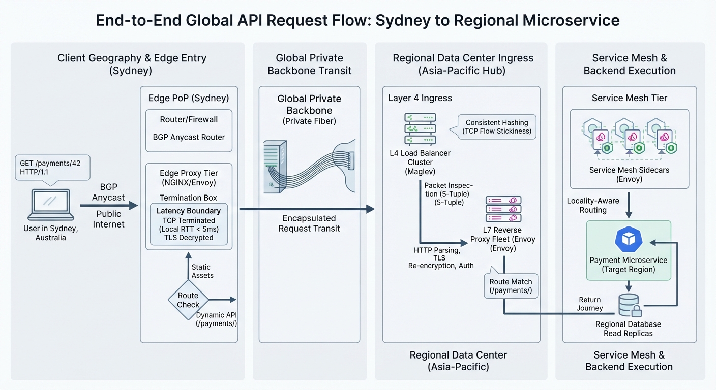 A packet flow from a client through edge routing, backbone transit, regional load balancing, proxies, and backend services